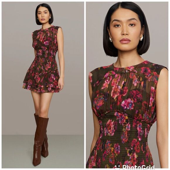 NEW AMUR Sierra Smocked Mini Dress Earthy Garden Size 4 - Picture 1 of 12